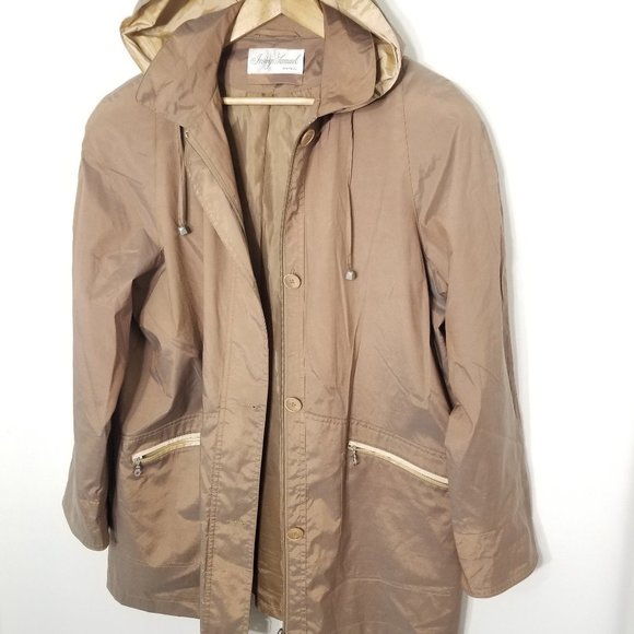Irving Samuel Removable Hoodie Cotton Blend Rain Coat Zip Front Pocket Shimmer - Picture 9 of 13